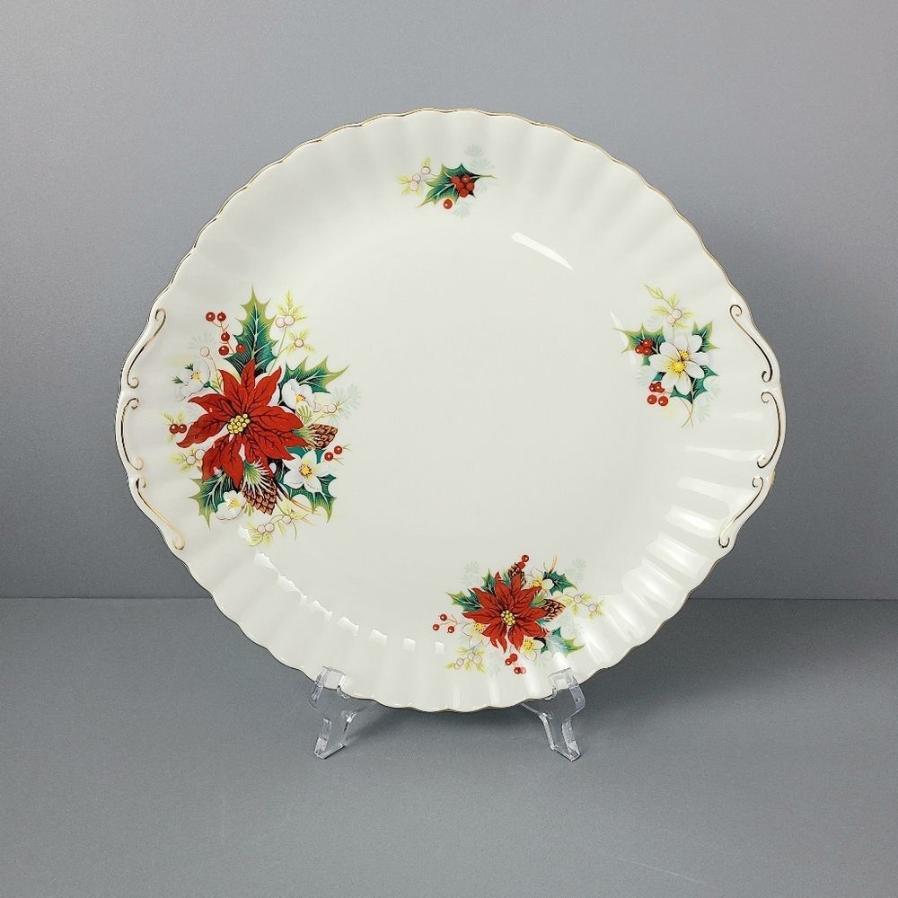 Royal Albert Poinsettia Bone China Cake Handle Vintage Serving Plate